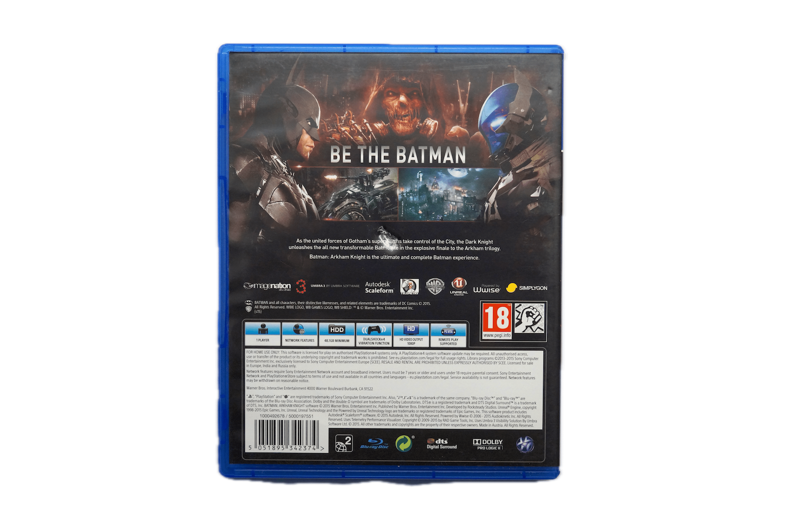 Batman: Arkham Knight - PS4 (Brugt) – Alder: PEGI 16 – PlayStation 4 – Back cover