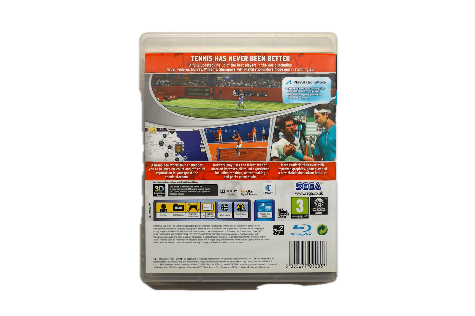 Virtua Tennis 4 - PS3 Move (Brugt) – Alder: PEGI 3 – PlayStation 3 – Back cover