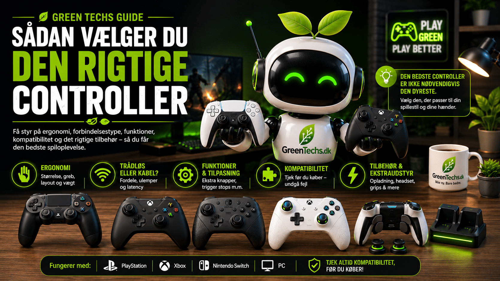 Greeni viser PlayStation- og Xbox-controllere i Green Techs guide til valg af den rigtige controller