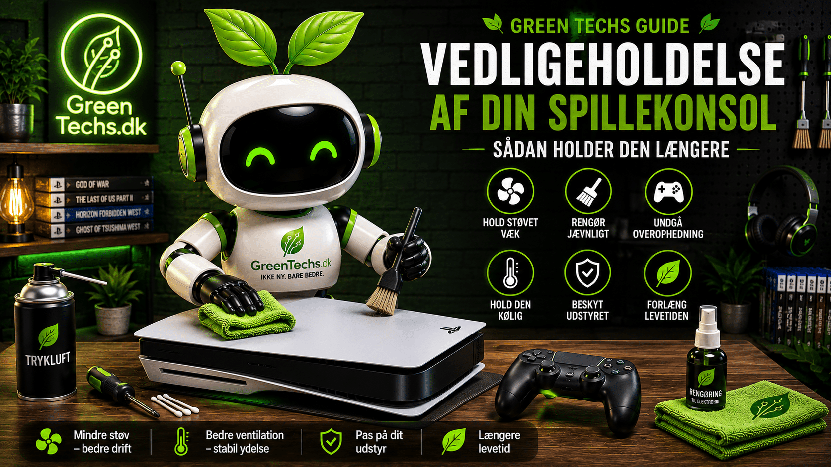 Greeni rengør og vedligeholder en spillekonsol med fokus på støv, ventilation og længere levetid