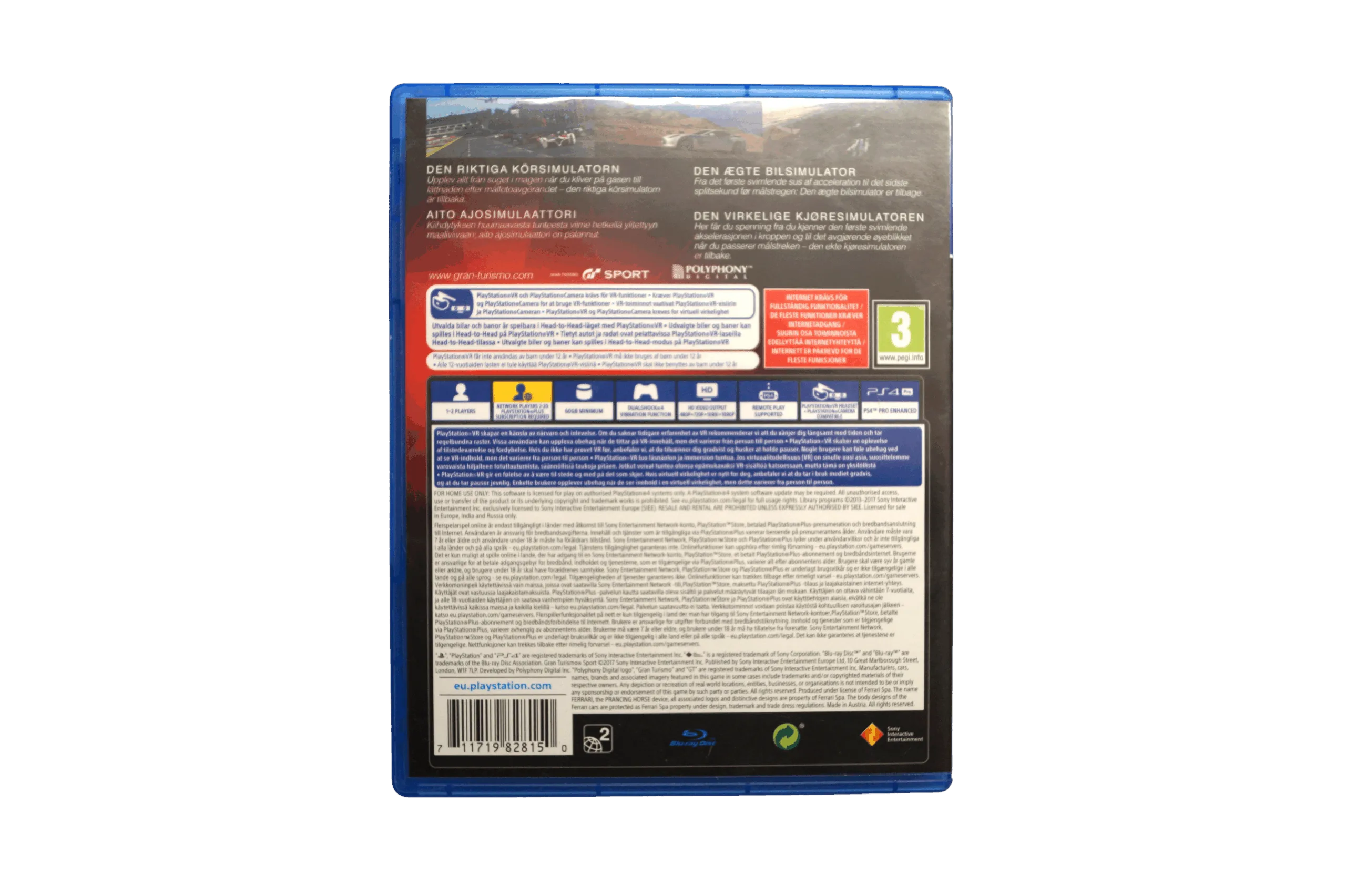 Gran Turismo Sport – The Real Driving Simulator – PS4 VR (Brugt) – Alder: PEGI 3 – PlayStation 4 – Back cover