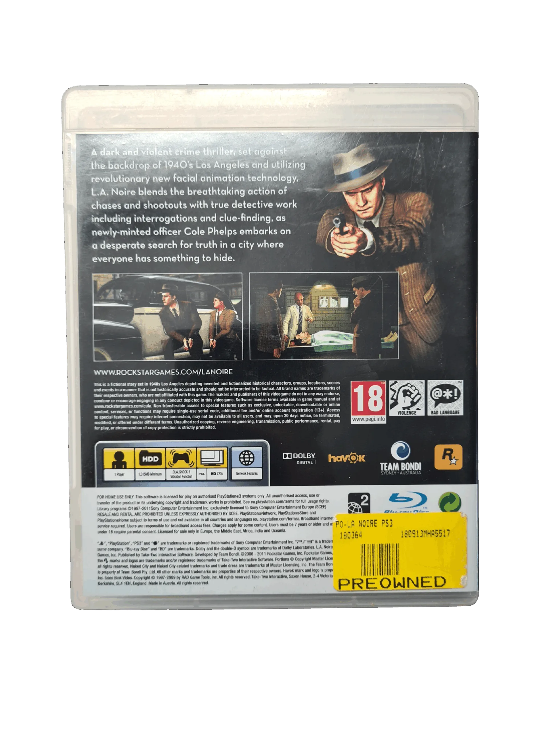 L.A. Noire - PS3 (Brugt) – Alder: PEGI 18 – PlayStation 3 – Back cover