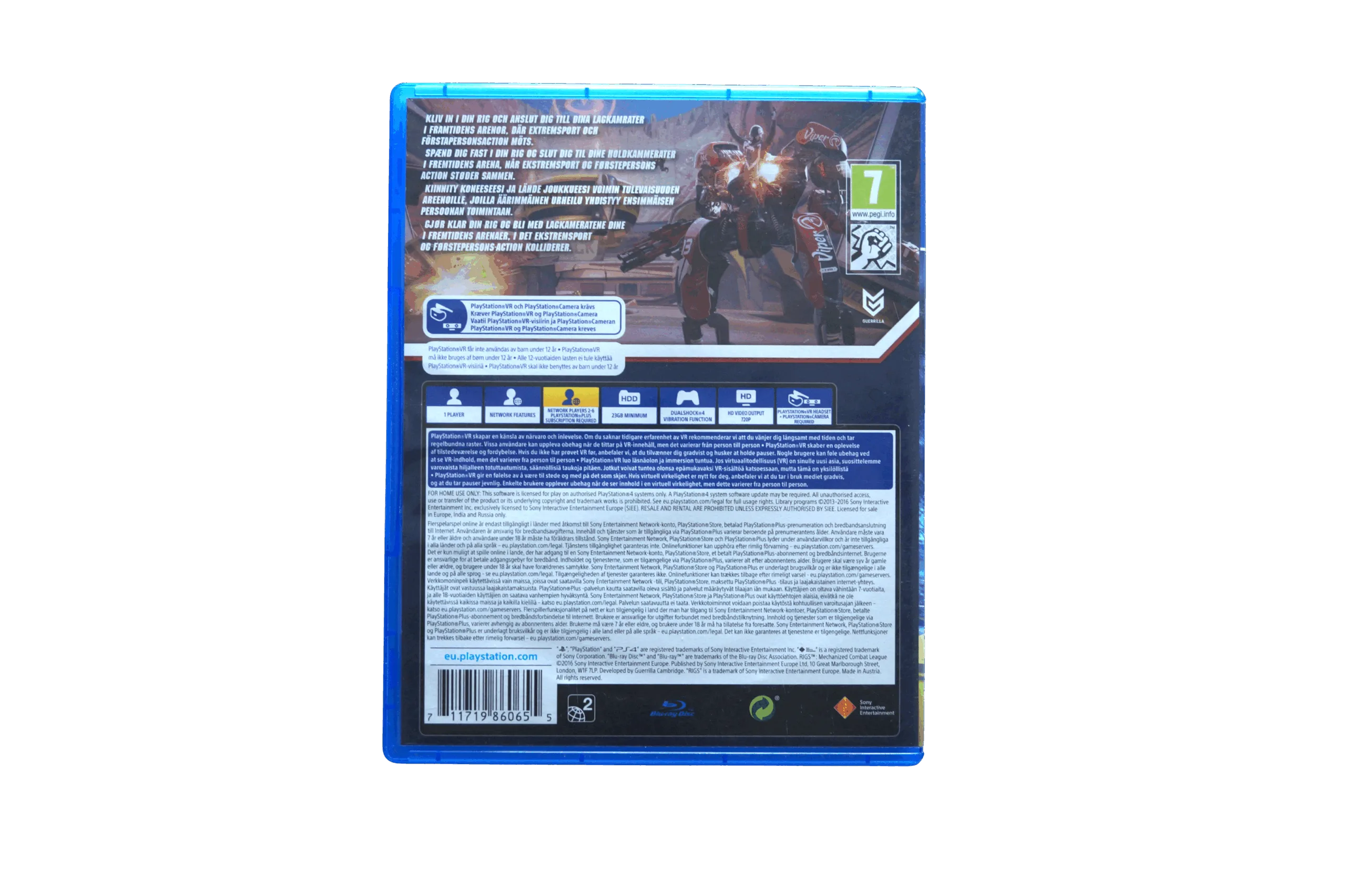 RIGS: Mechanized Combat League – PS4 VR (Brugt) – Alder: PEGI 7 – PlayStation 4 – Back cover