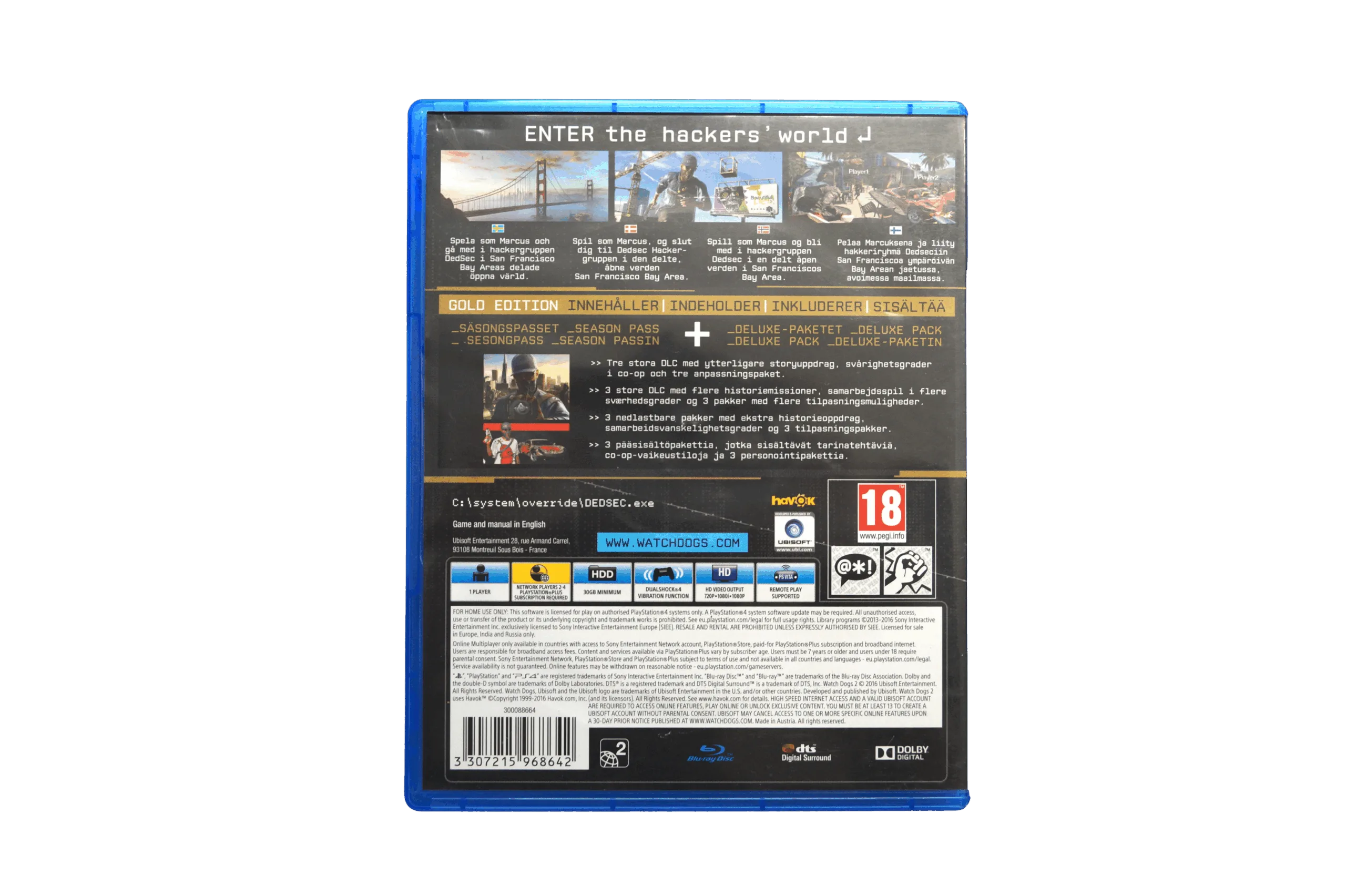 Watch Dogs 2 - Gold Edition – PS4 (Brugt) – Alder: PEGI 18 – PlayStation 4 – Back cover