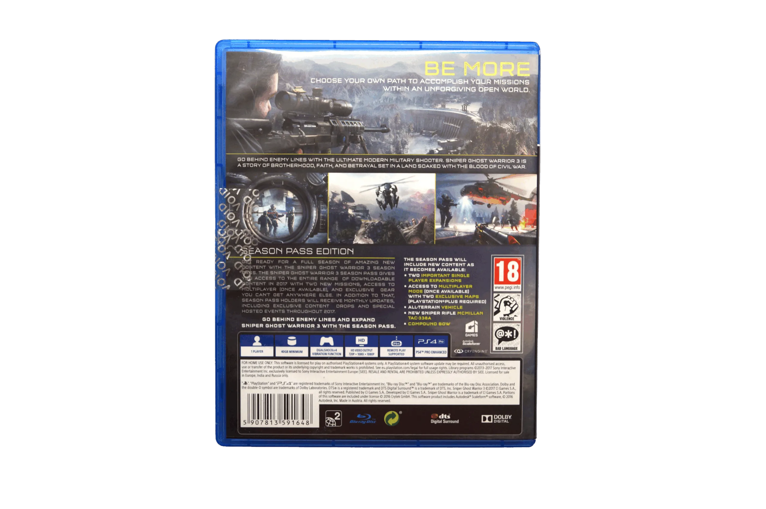 Sniper Ghost Warrior 3: Season Pass Edition – PS4 (Brugt) – Alder: PEGI 18 – PlayStation 4 – Back cover