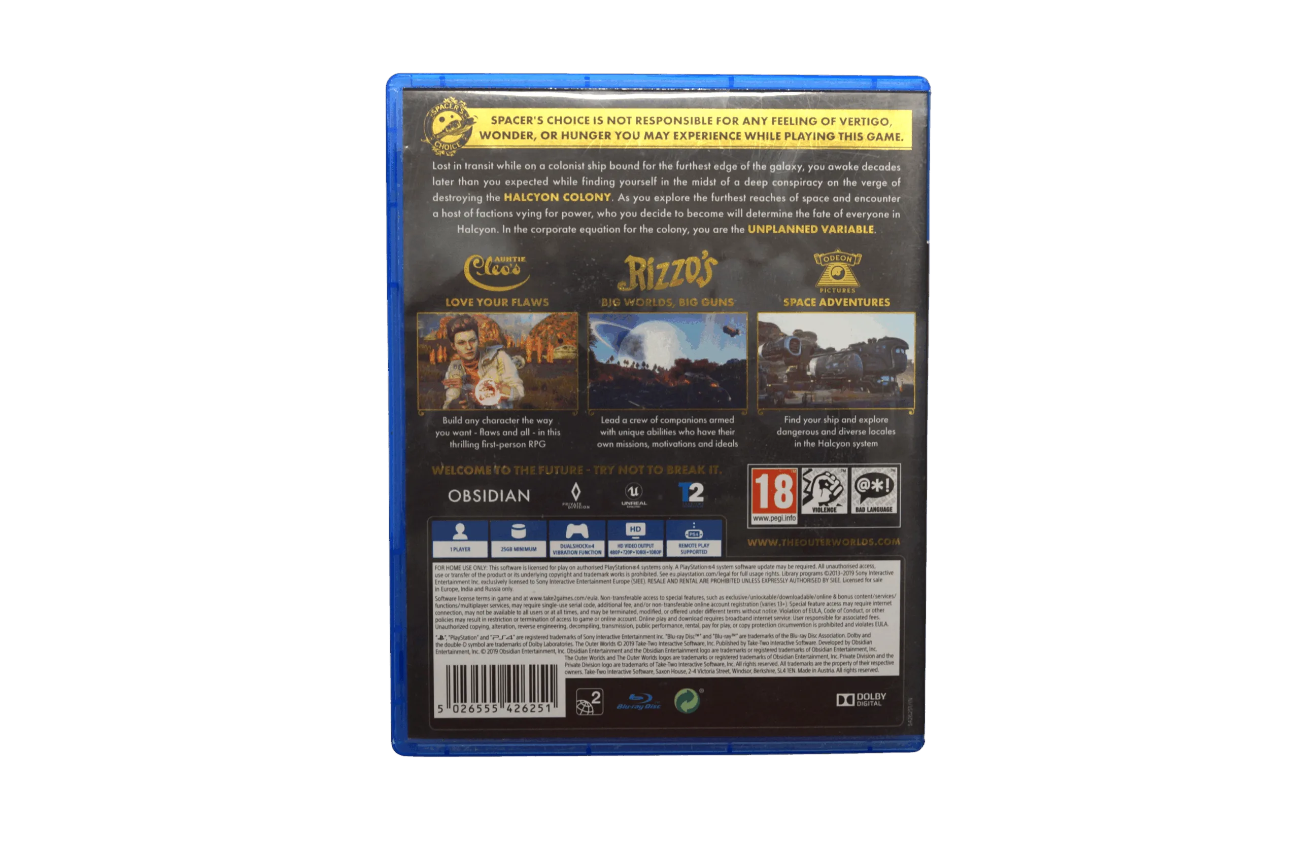 The Outer Worlds – PS4 (Brugt) – Alder: PEGI 18 – PlayStation 4 – Back cover