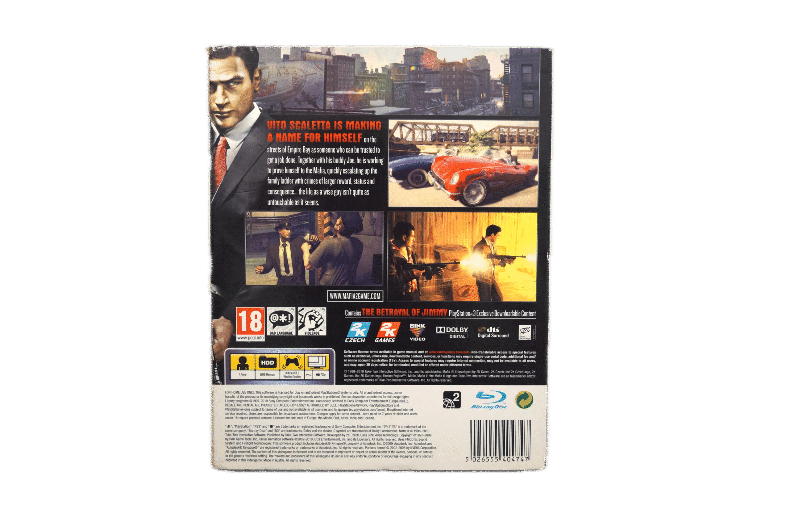 Mafia II – PS3 (Brugt) – Alder: PEGI 18 – PlayStation 3 – Back cover