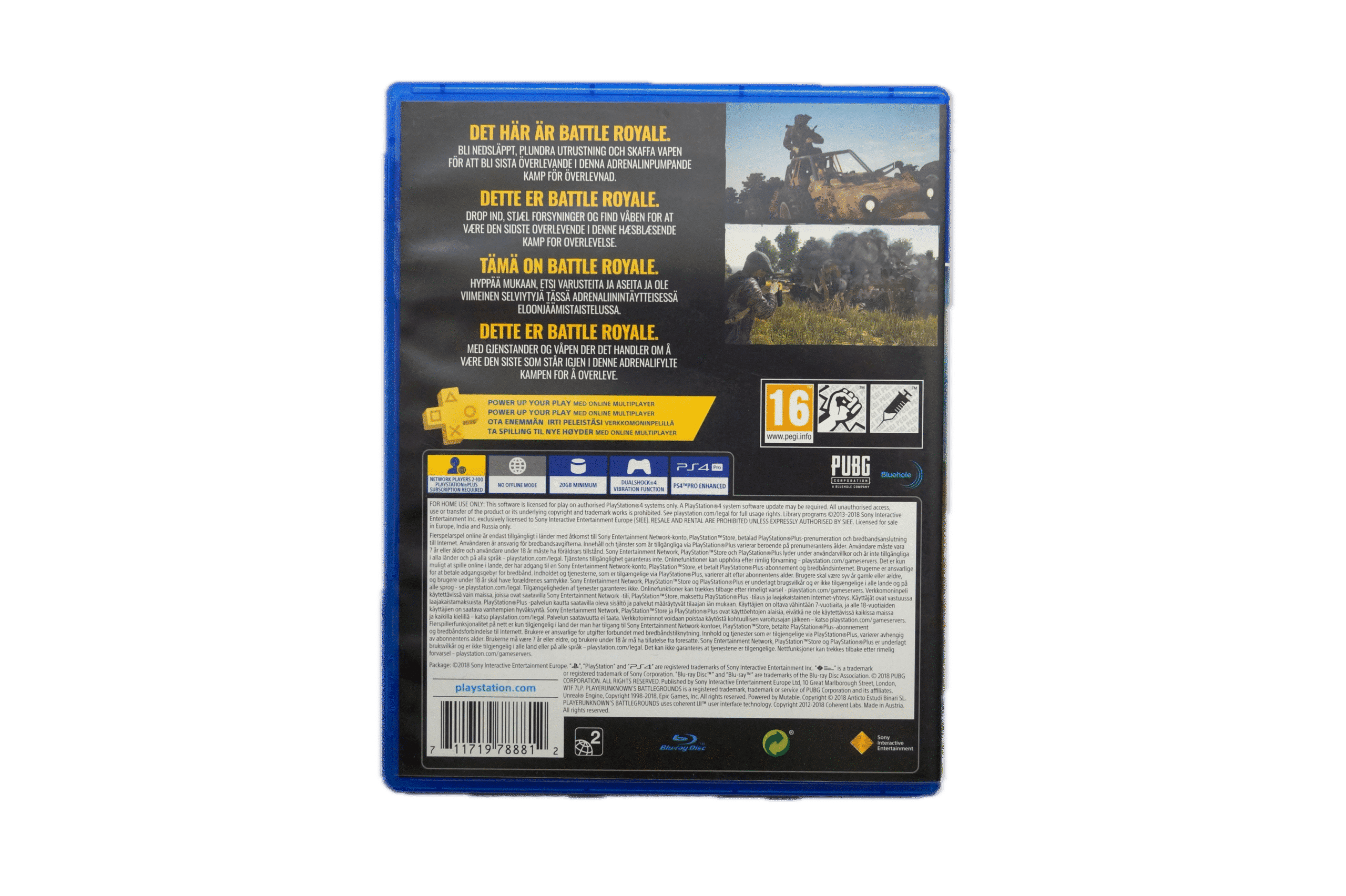 PlayerUnknown’s Battlegrounds (PUBG) – PS4 (Brugt) – Alder: PEGI 16 – PlayStation 4 – Back cover