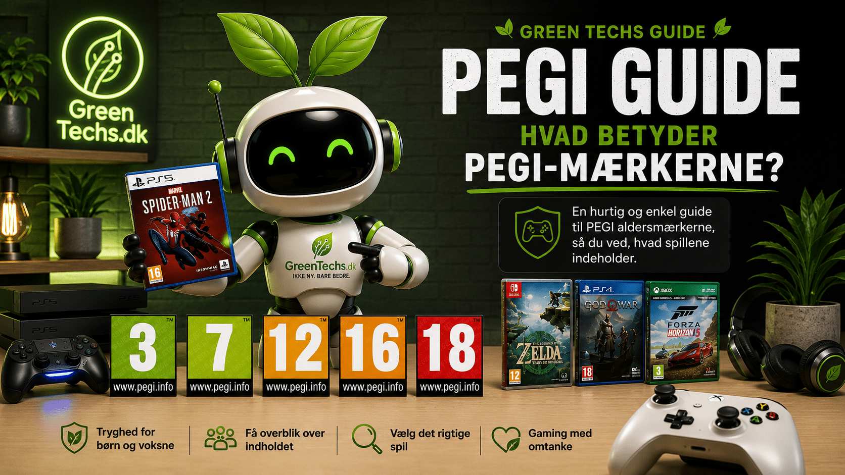 Greeni fra Green Techs med PEGI 3, 7, 12, 16 og 18 aldersmærker i guide til PEGI-mærkning