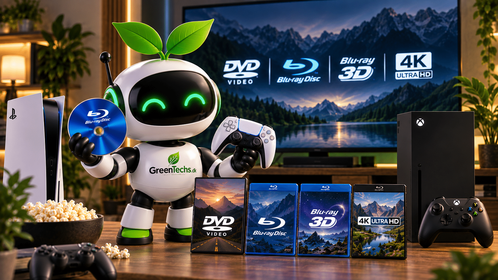 Greeni med PlayStation og Xbox samt DVD, Blu-ray, Blu-ray 3D og 4K UHD