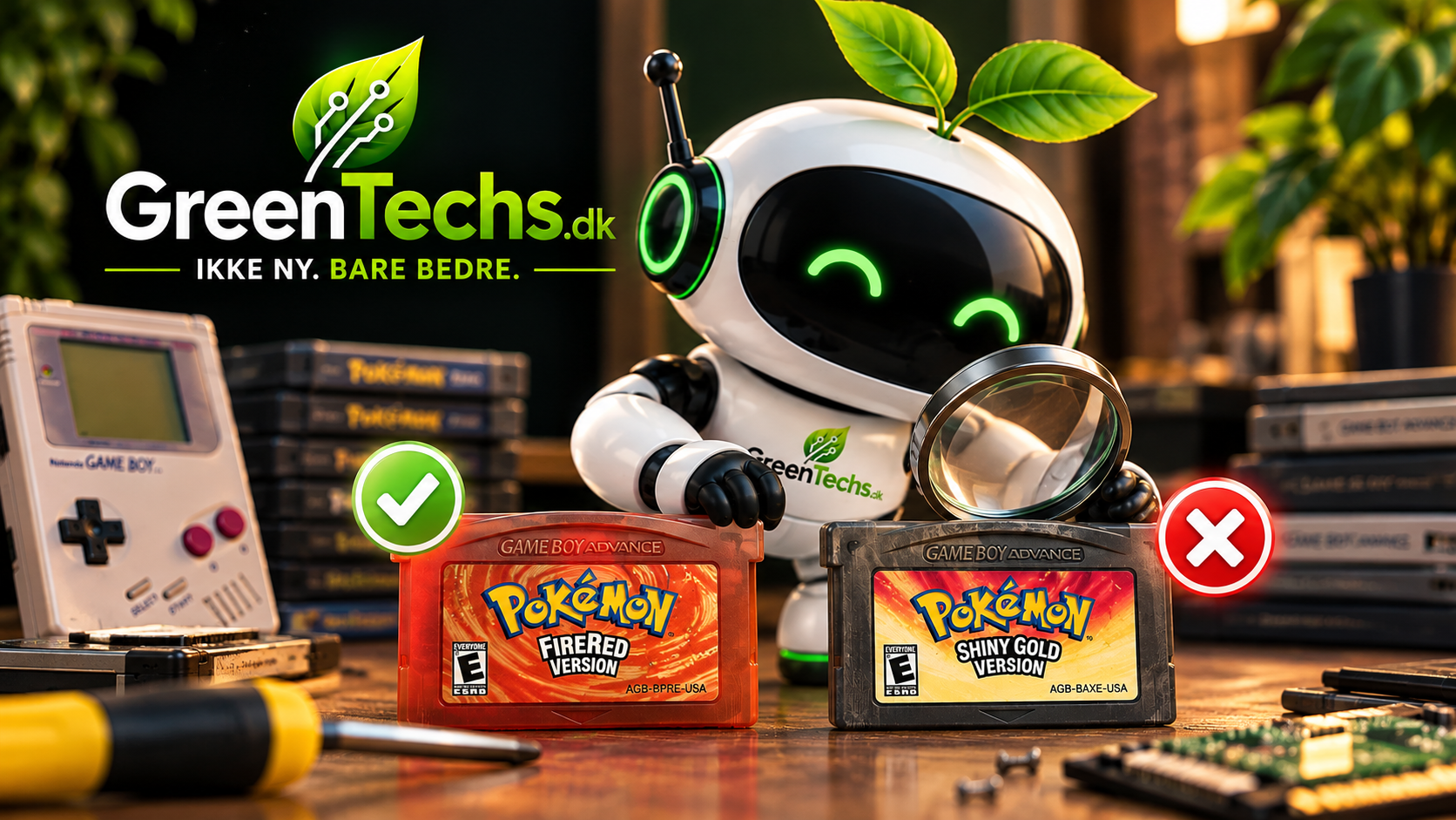 Greeni undersøger originale og uofficielle Pokémon-spil til Game Boy Advance – guide til at spotte falske Game Boy-spil hos Green Techs.